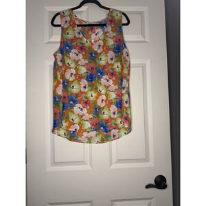 Staccato Orange Floral Print V Neck Tank Top Large
